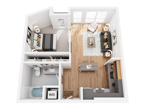 Floor plan for 1 bed, 1 bath, 596 sqft
